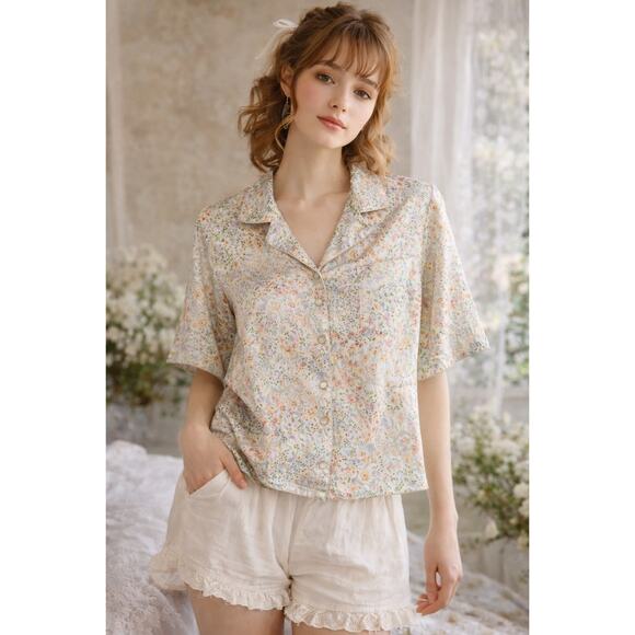 Cynthia Rowley Other - Cynthia Rowley Sleepwear Pajama Top Medium Floral Satin Button Up Cottage Pastel